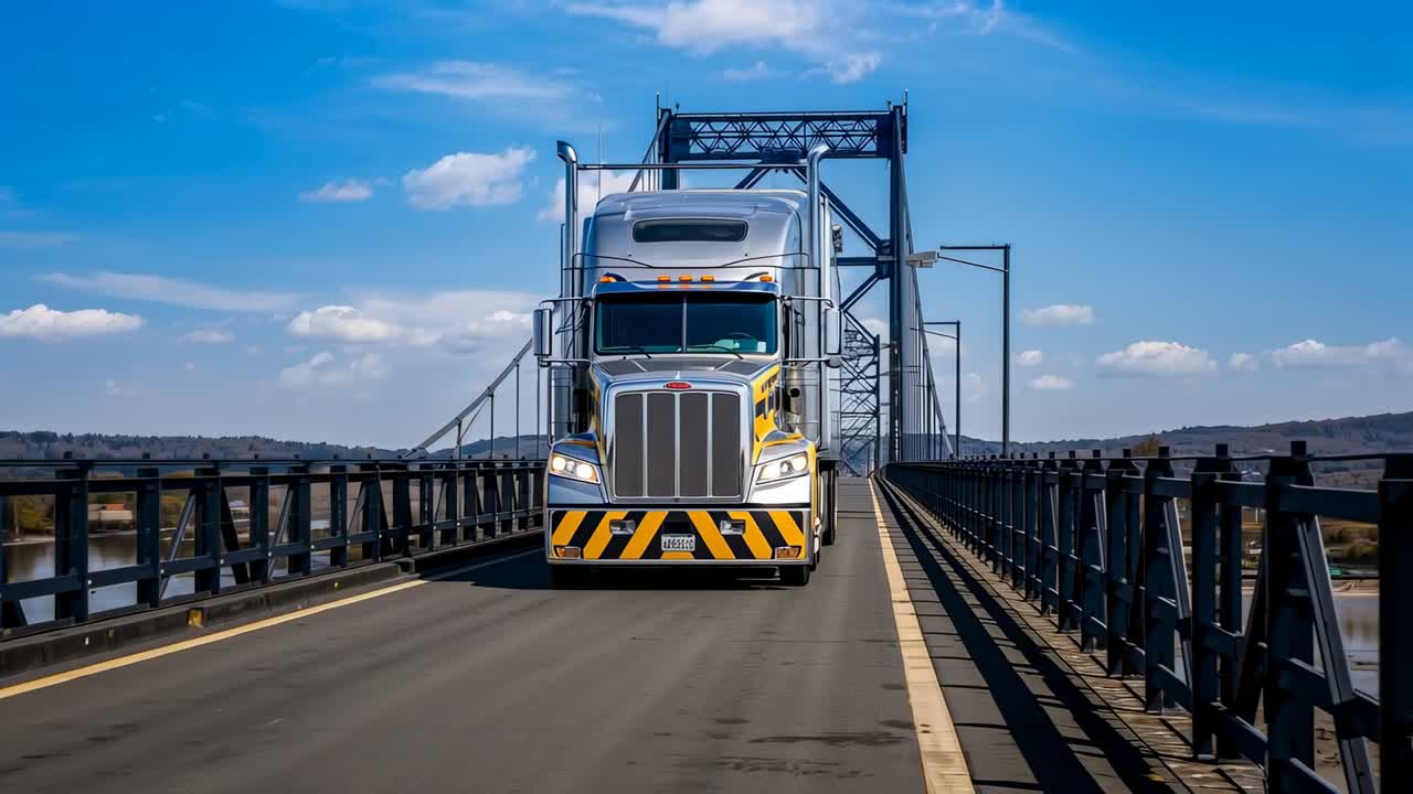 Semirremolque plateado entrando en un puente de acero con estructura de celosía en dirección a la cámara, transportando mercancía con parachoques a rayas