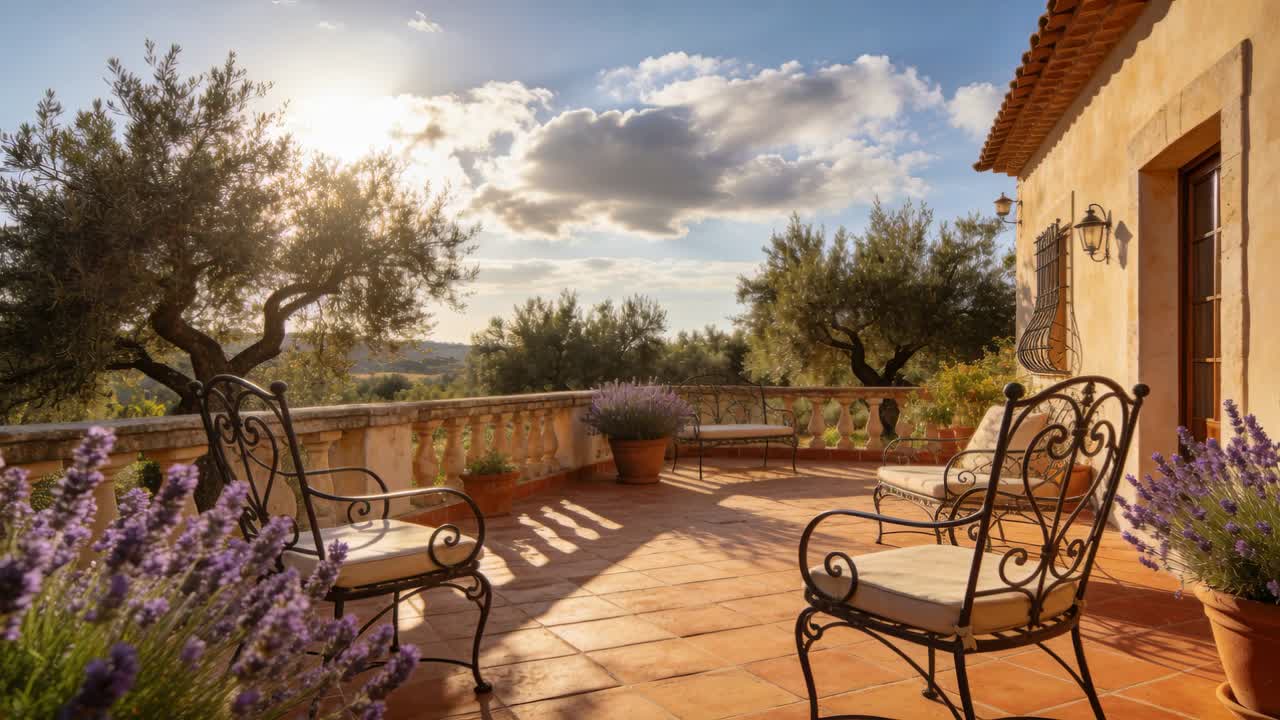 Luce del sole che si muove su piastrelle in terracotta su una terrazza con sedie in ferro e lavanda in vaso.