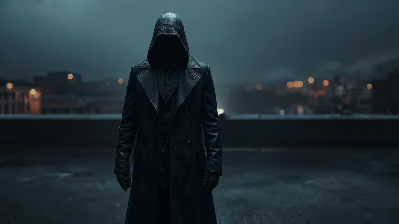 Entering frame figure in hooded leather trench coat on rooftop at dusk, city lights flickering