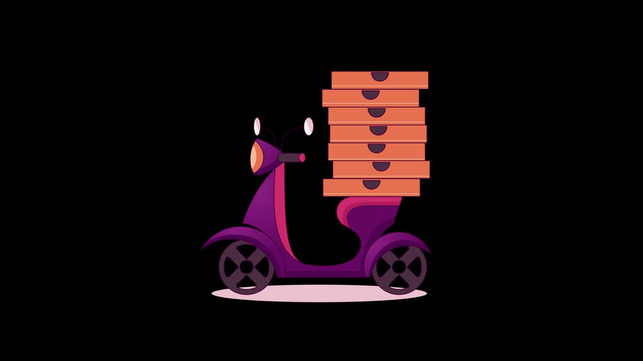 animated food delivery service concept ALPHA channel. pizza boxes with customer order on scooter Motorcycle. pizzeria or fast food express delivery. looped stock 2d animation transparent background