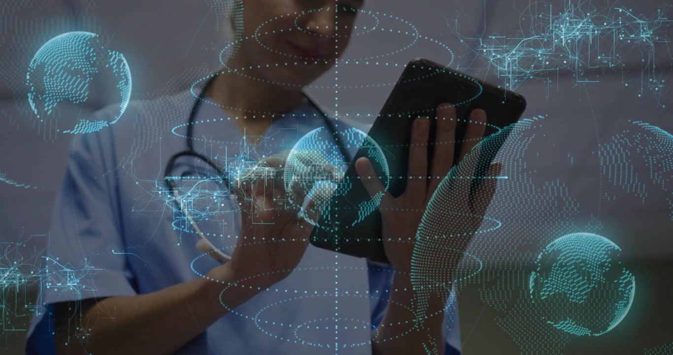 Clínico tocando una tableta, deslizando y provocando el crecimiento de un holograma de globo, revelando datos de salud en la clínica.