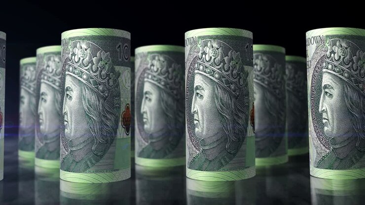 Rotoli di banconote di Zloty polacco, ciclo continuo.