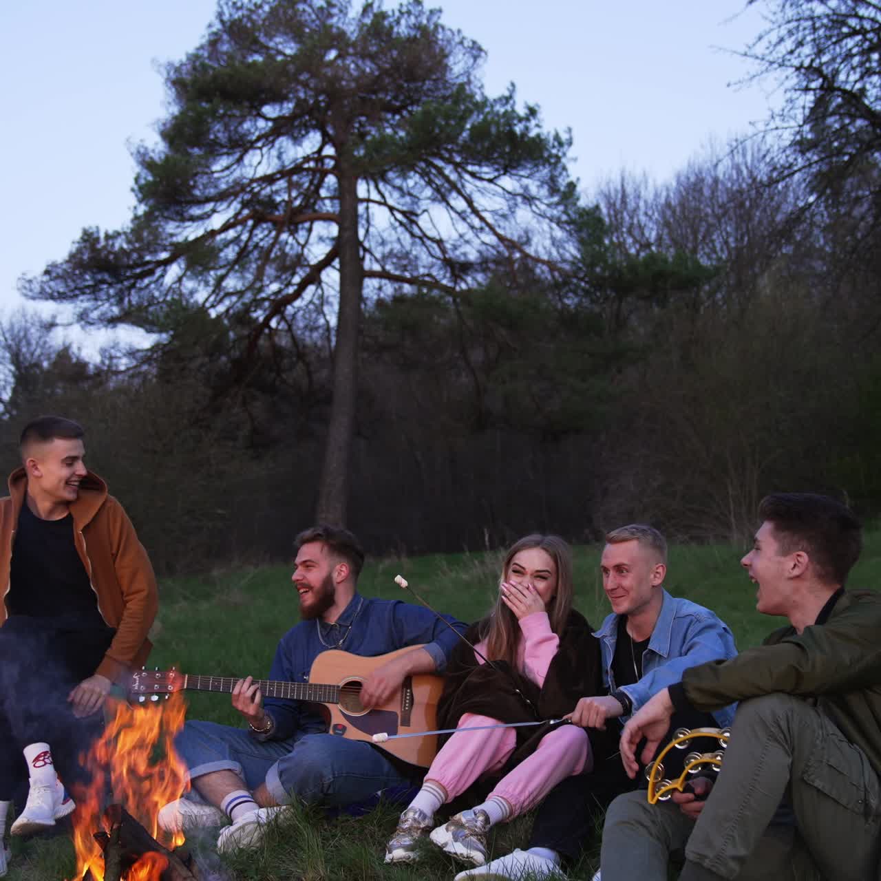 Youngsters having picnic near the bonfire in the forest. Guys are roasting marshmallows on fire, speaking and laughing