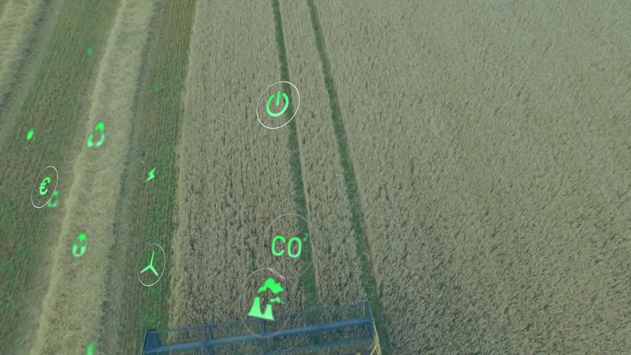 Combine harvester header cutting through wheat field, showing energy CO2 icons in flat design