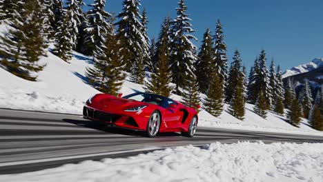 red sports car on a snowy mountain road