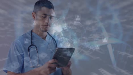 Animation-of-caucasian-male-doctor-using-tablet-over-data-processing