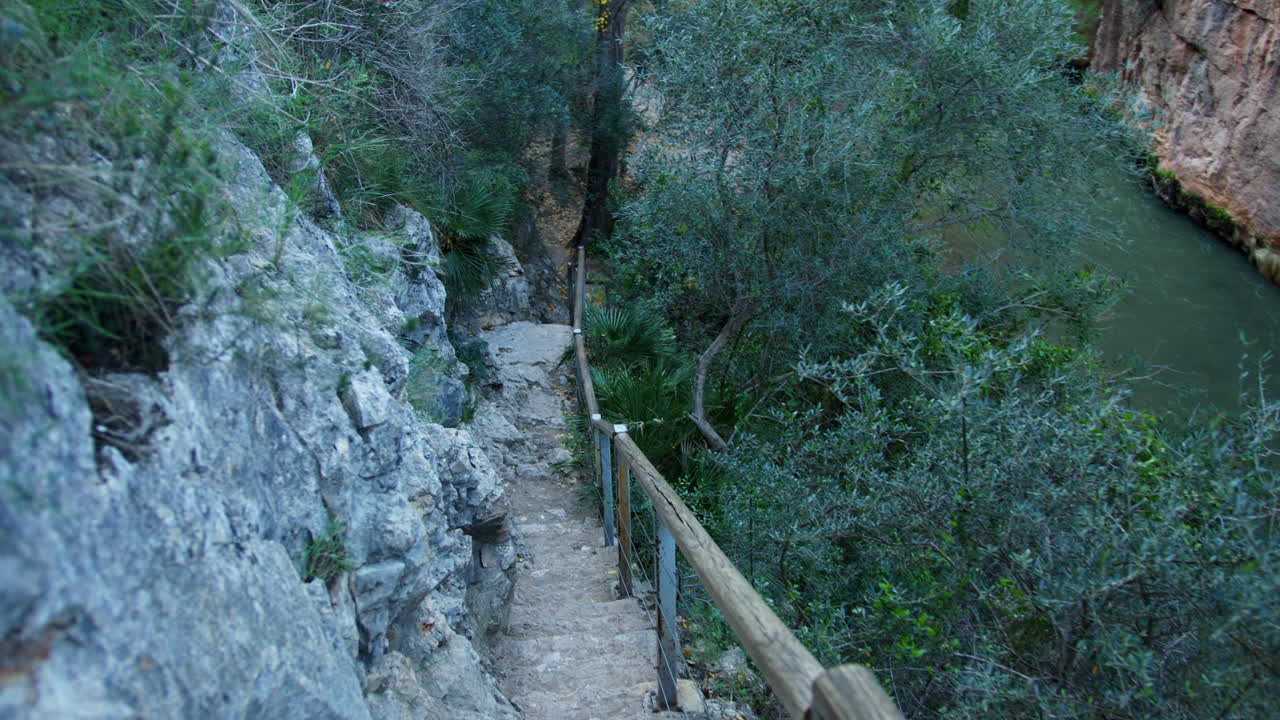 Mountain Path with Stone Steps and Wooden Railing