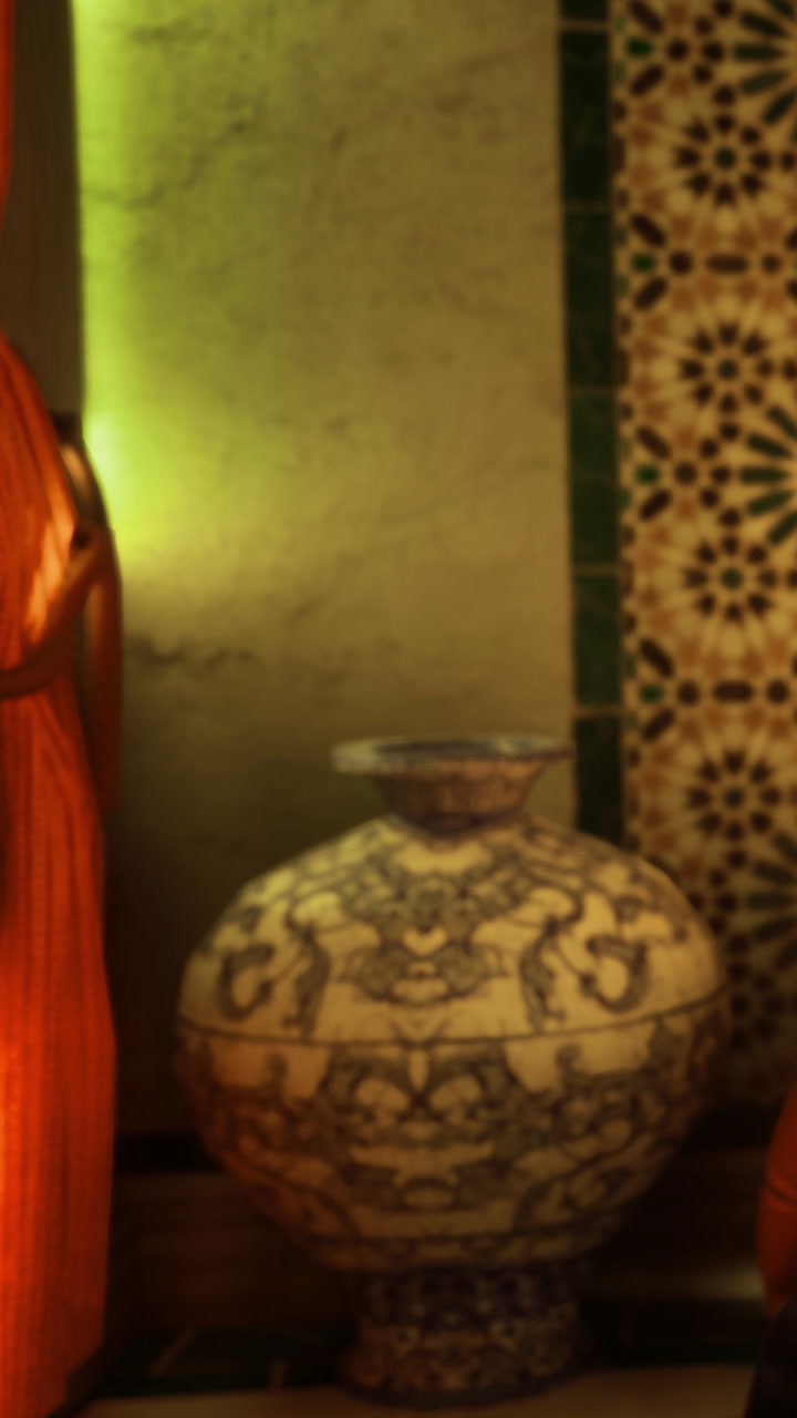 Warm light shines through curtain illuminating vase in cozy setting
