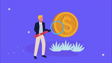 financial animation with businessman lifting magnifying glass and coin