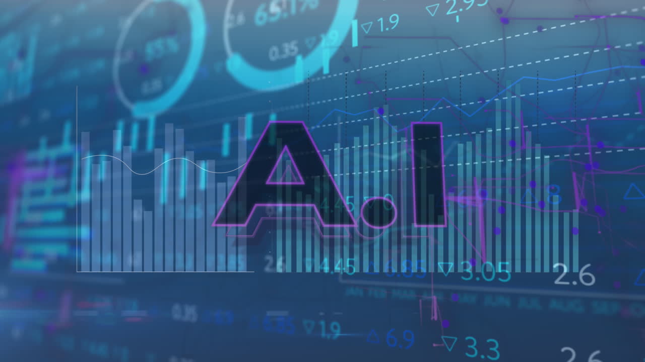 Animation of ai text, navigation pattern, multiple graphs and trading board over blue background