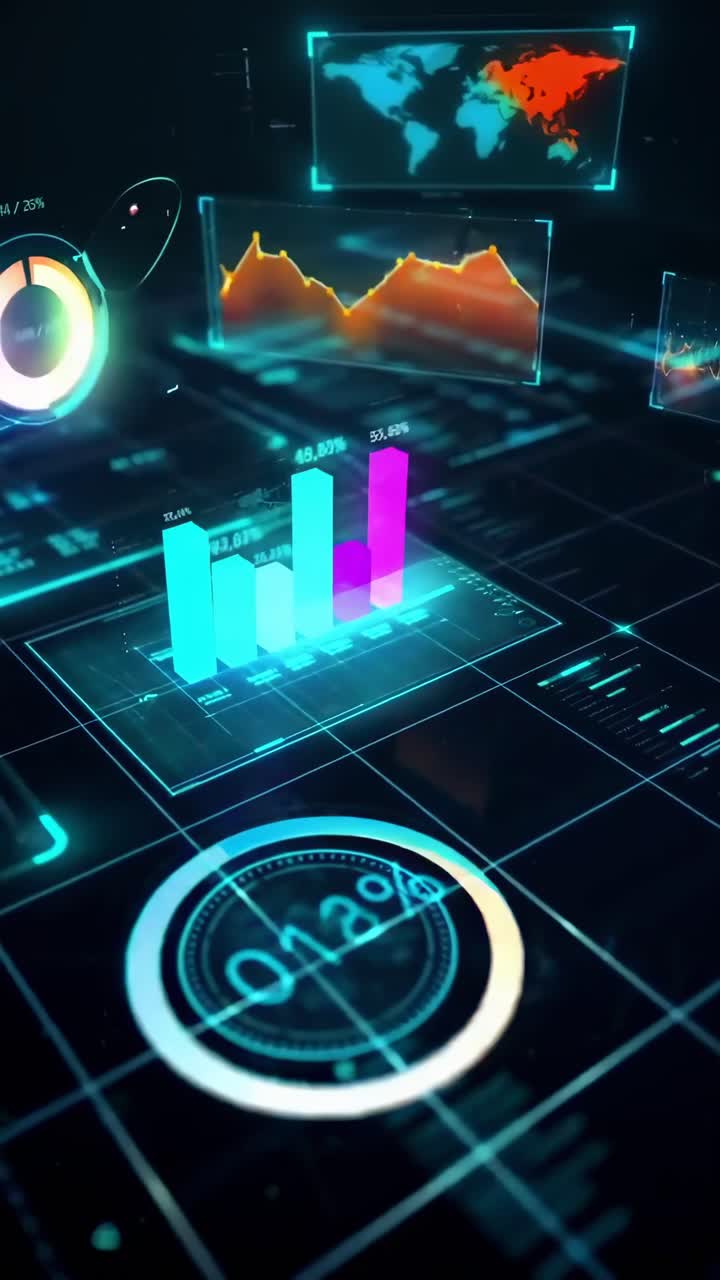 Futuristic video with a top-down angle, showcasing digital graphs and data analytics