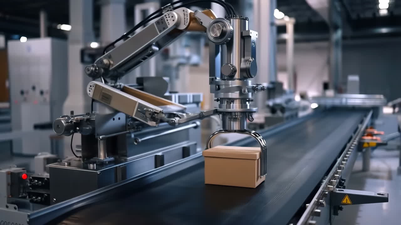 Robotic Arm Placing Box on Conveyor Belt in Automated Factory