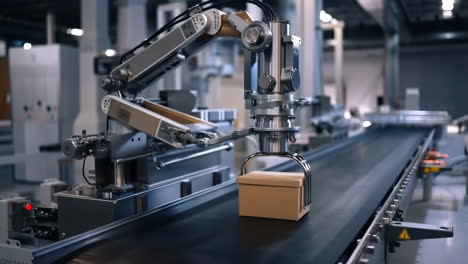 robotic arm placing box on conveyor belt in automated factory