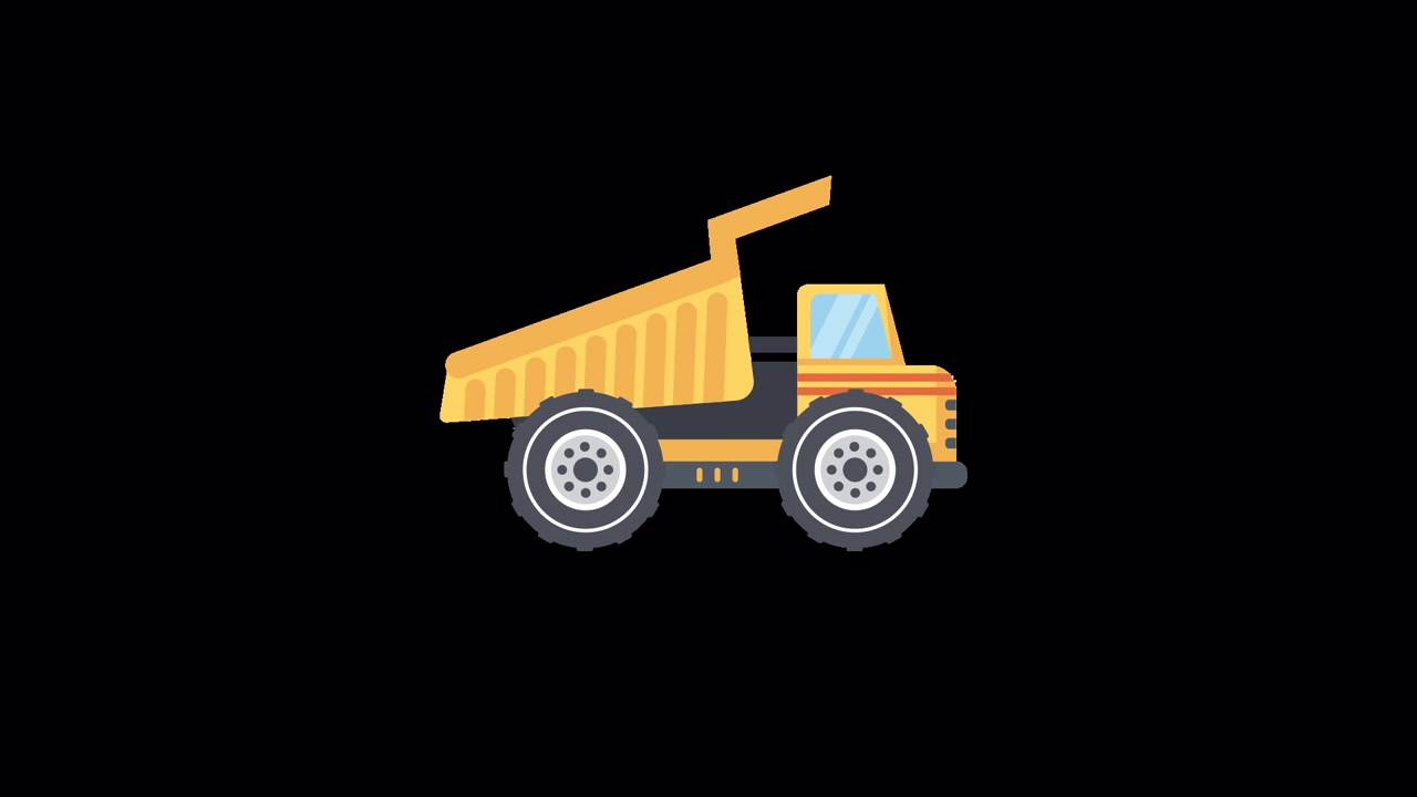 Animazione in flat design di un camion ribaltabile giallo che solleva e abbassa il cassone
