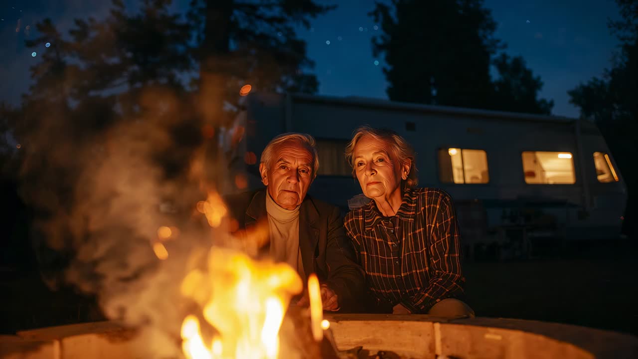 Watching flames flare, turtlenecked man and plaid-shirted woman leaning at campfire for warmth