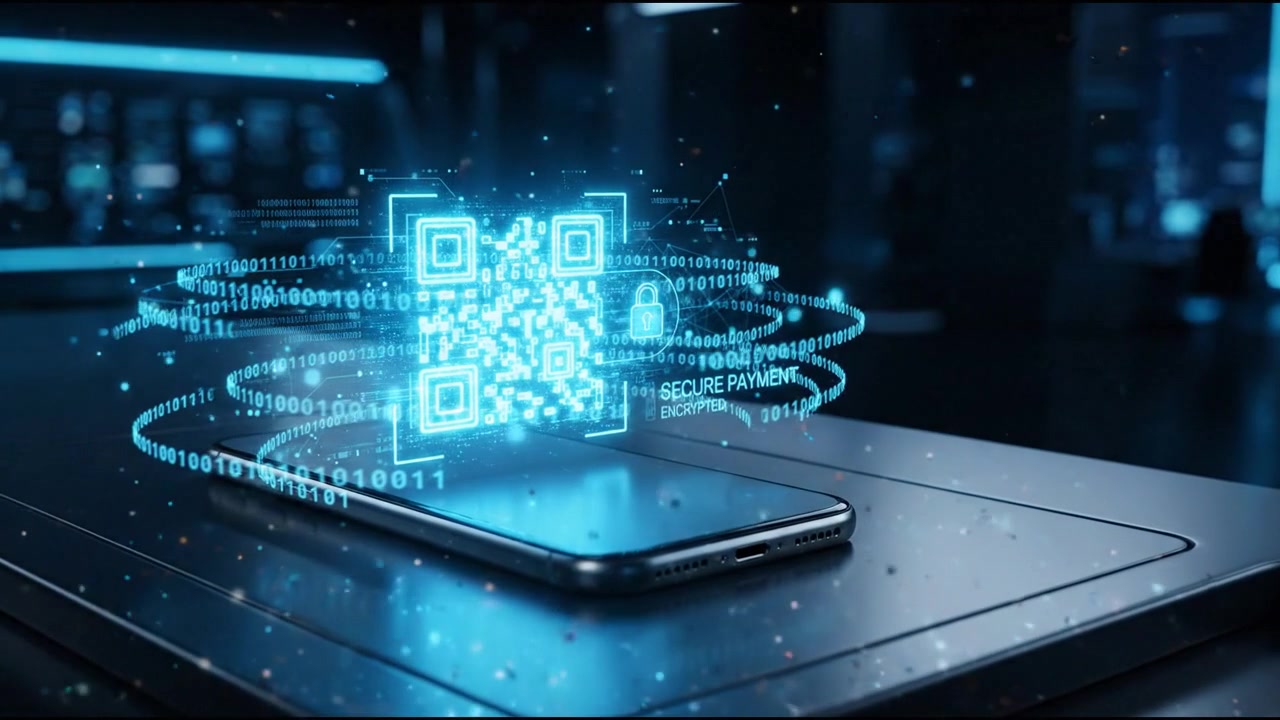 Smartphone Displaying Holographic Secure QR Code Payment Interface
