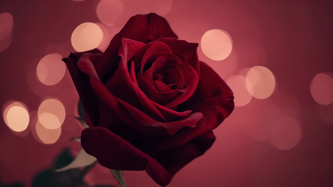 Rosa rosso intenso scintillante che reagisce ai cambiamenti di messa a fuoco e bokeh in studio, con goccioline e stelo