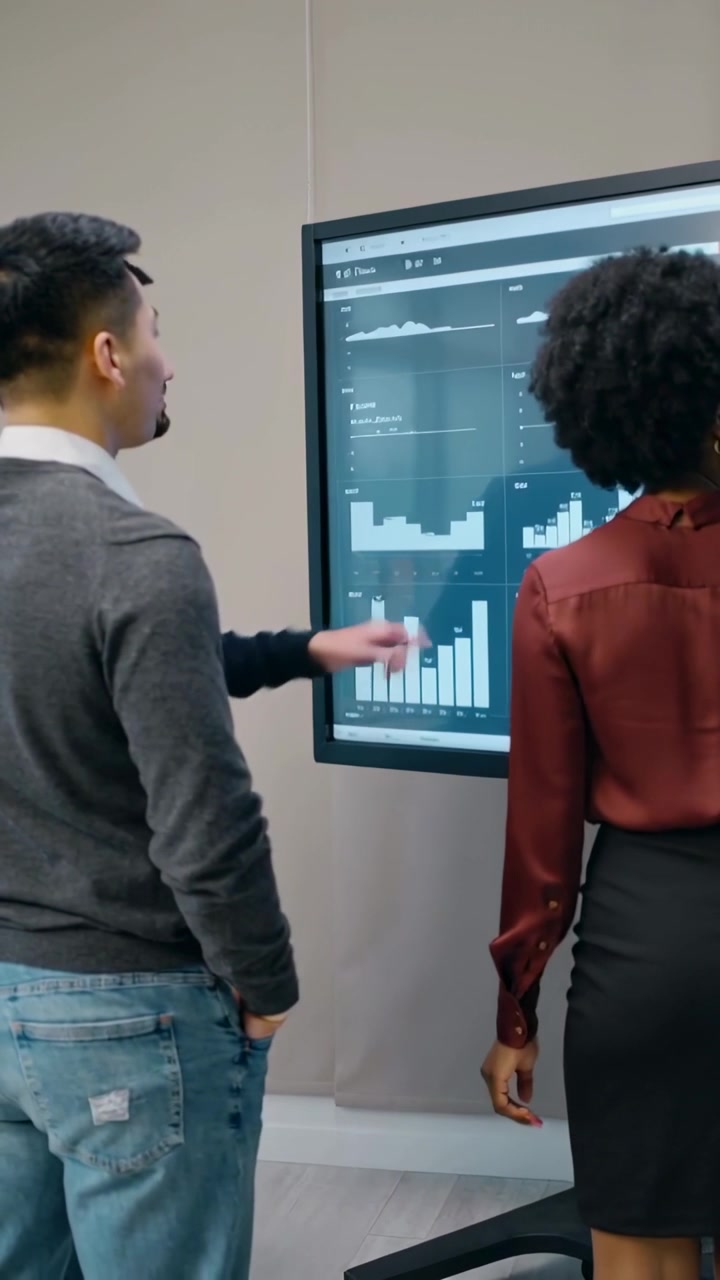 Vertical video: Pointing man tracing screen after prompt, woman in red blouse reviewing in office