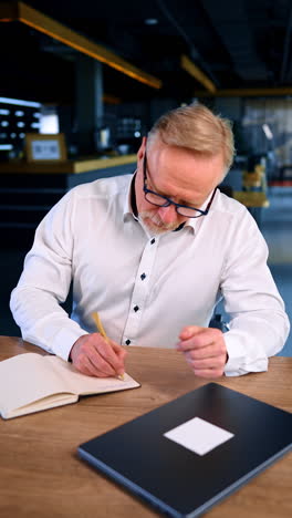 bearded caucasian male wearing white shirt writes in his paper book. businessman planning, taking notes or writing memos. vertical video.