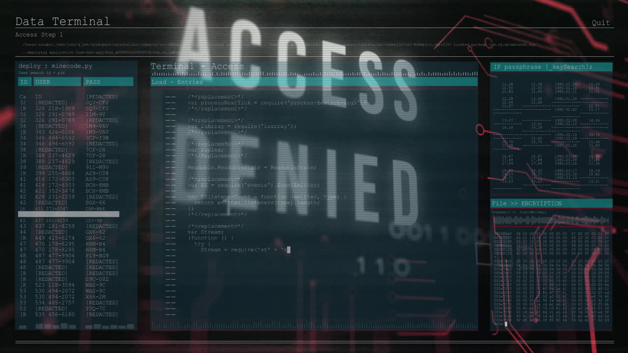 Access denied message on computer screen with binary code animation in school