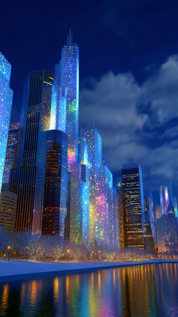A Stunning Nighttime Cityscape Illuminated by Colorful Projections on Tall Skyscrapers, Creating a Vibrant Reflection on the Water Below. The Urban Landscape Marvels with Its Dazzling Lights Across the Skyline