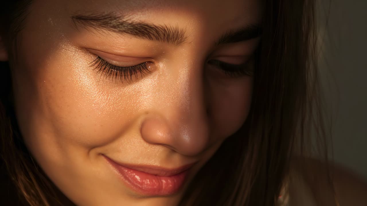 Smiling adult female reacting to warm window sunlight, opening eyes and shifting gaze toward camera
