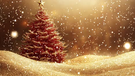 a red christmas tree is surrounded by snow on a hill. the image has a warm and festive mood, evoking the feeling of the holiday season