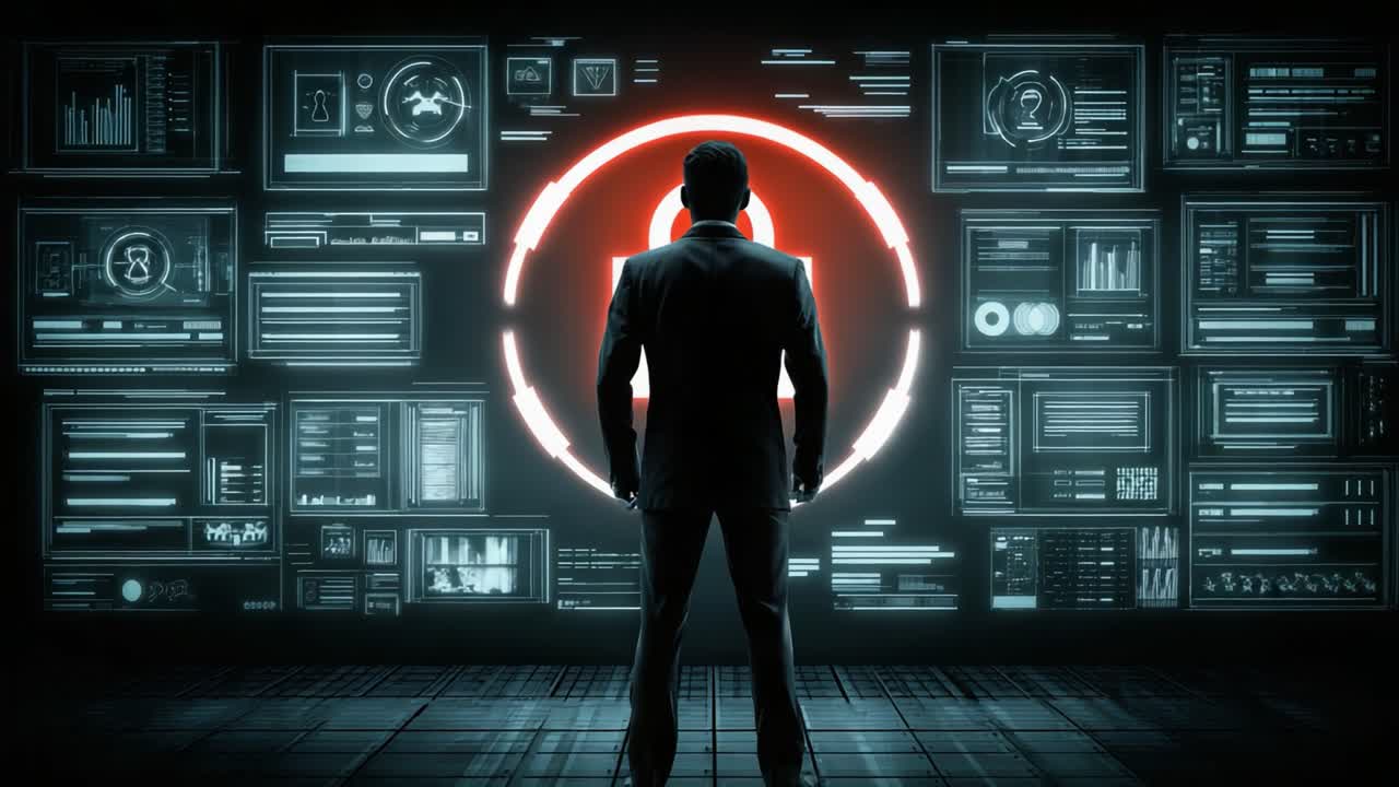 A silhouetted figure stands before a wall of digital screens displaying complex data and analytics, highlighted by a prominent security symbol, symbolizing the importance of cybersecurity