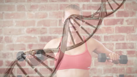 dna 구조가 백인 여성에 대해 회전합니다. 체육관에서 덤벨로 운동하는 건강한 여성입니다.