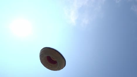 a wide-brimmed cone hat or zapata sombrero flying