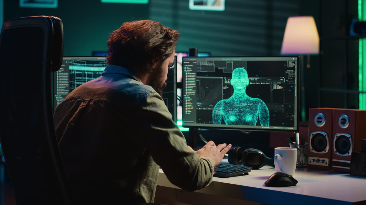 Engineer spamming keyboard keys after rogue sentient AI blocking access to PC