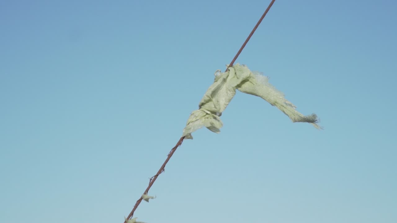 바람에 날리는 전신주 와이어에 걸린 플라스틱 랩