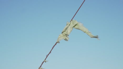 envoltura de plástico, atrapada en un cable de poste de telégrafo que sopla en el viento