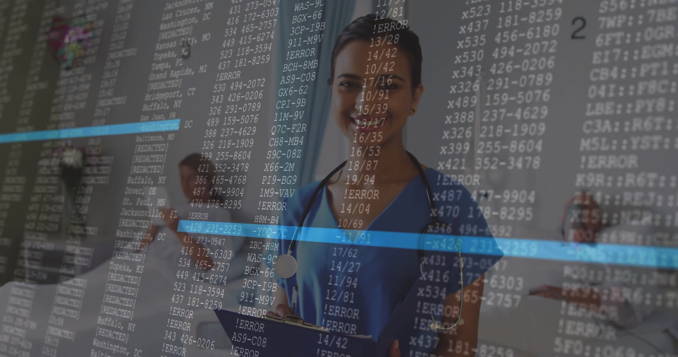 Nurse wearing stethoscope holding tablet in ward, showing health data overlay with error flags