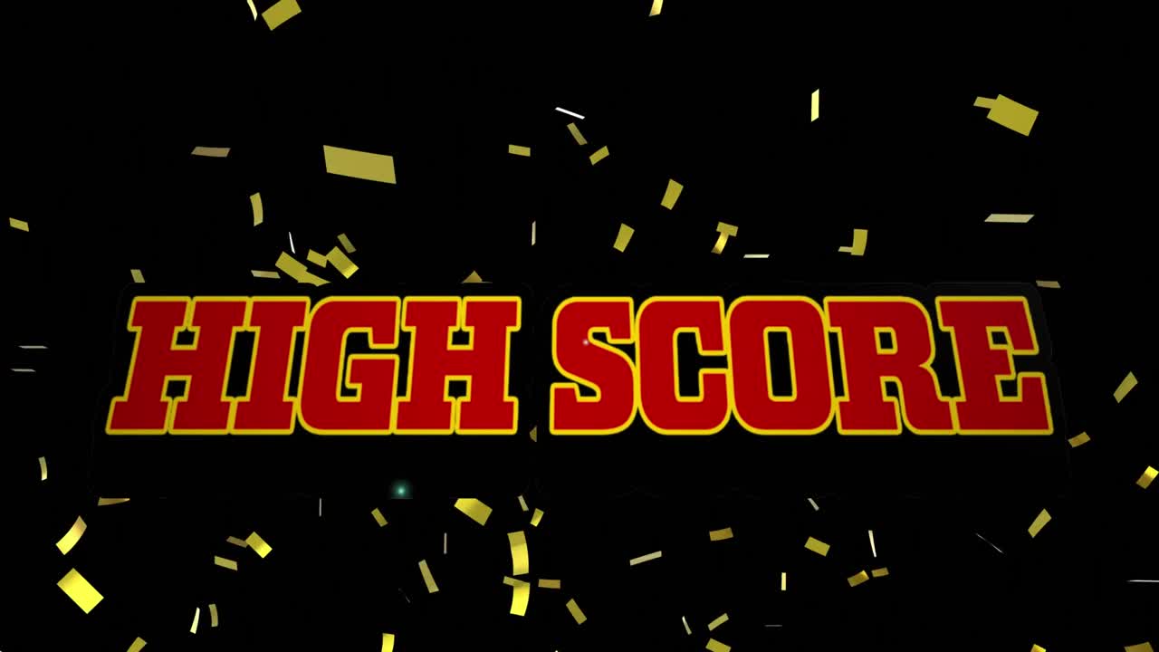 빨간색 텍스트의 애니메이션, 폭발의 높은 점수, 그리고 검은색의 오렌지색과 색의 빛 점.