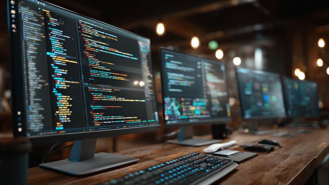Dynamic Workspace Featuring Multiple Computer Screens Displaying Colorful Code and Programming Interfaces in a Modern Tech Environment