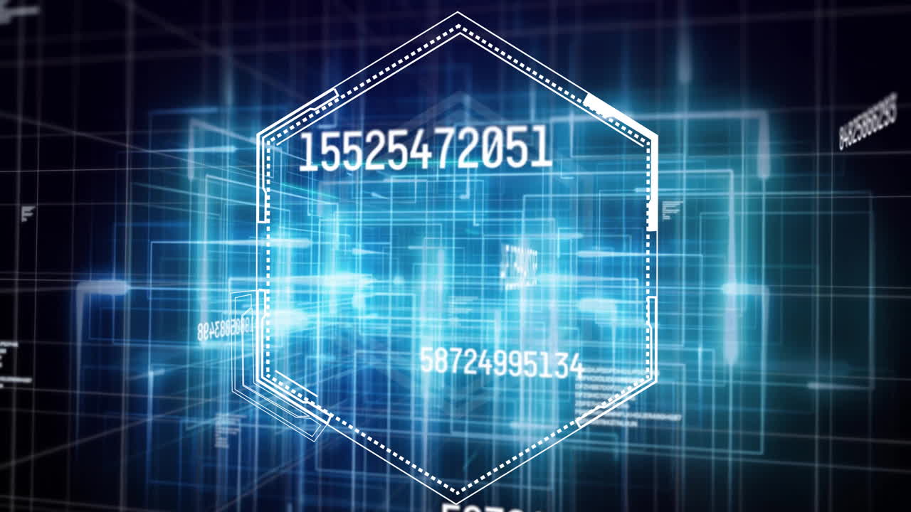 Animation of changing numbers, hexagons and squares over black background