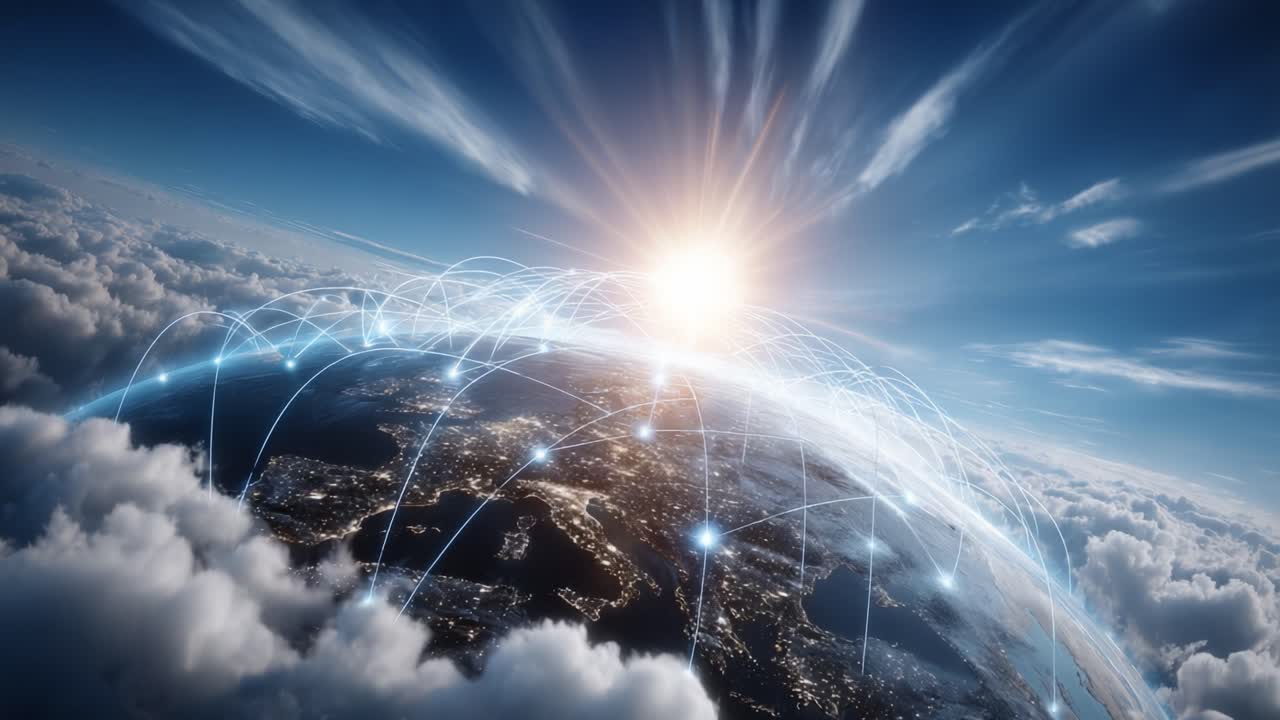 A Stunning Visual of Earth's Connectivity and Network: Emphasizing Global Communication Through a Beautiful Horizon Under a Bright Sunlight and Billowing Clouds