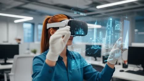 a professional woman engaged in virtual reality exploration, interacting with a holographic display of advanced technology in a modern office environment