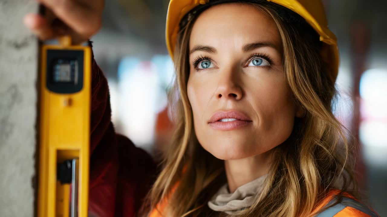 A Dedicated Female Construction Worker in a Safety Helmet Intently Assessing Measurements with a Level Tool, Symbolizing Empowerment and Professionalism in the Construction Industry