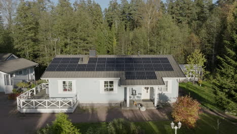 aerial tilt shot over a renewable house powered by solar cells, fall evening