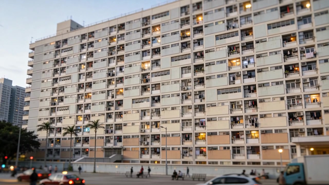 Bloco de apartamentos imponente com vista para a rua, ao anoitecer, janelas se iluminando e táxis passando.