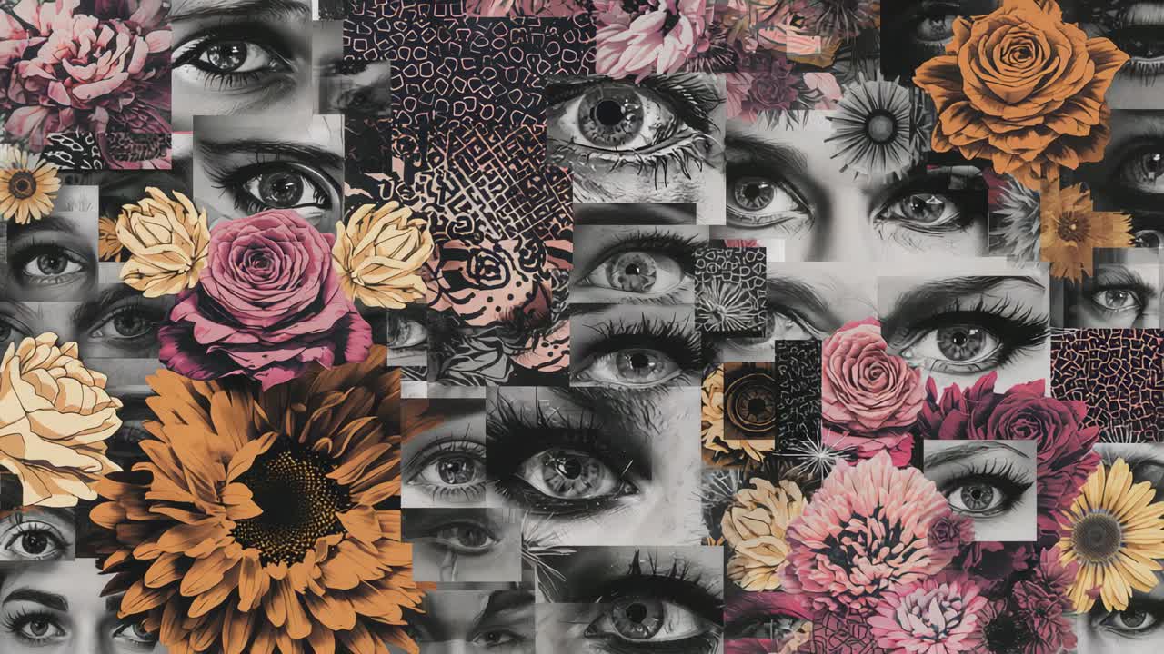 Emerging near top, yellow petals drifting across wall collage, briefly covering eyes and flowers