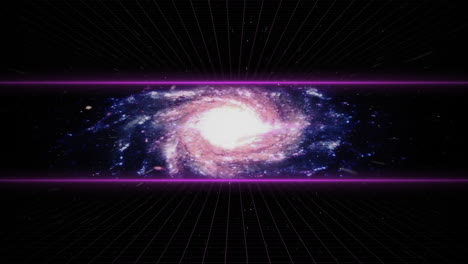 rotating galaxy on night sky between two purple horizontal lines