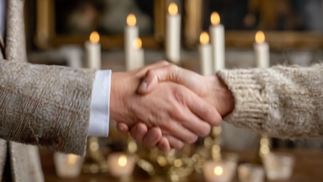 Una stretta di mano significativa tra due persone circondate dalla luce di una candela, a simboleggiare fiducia, accordo e connessione in un'atmosfera calda