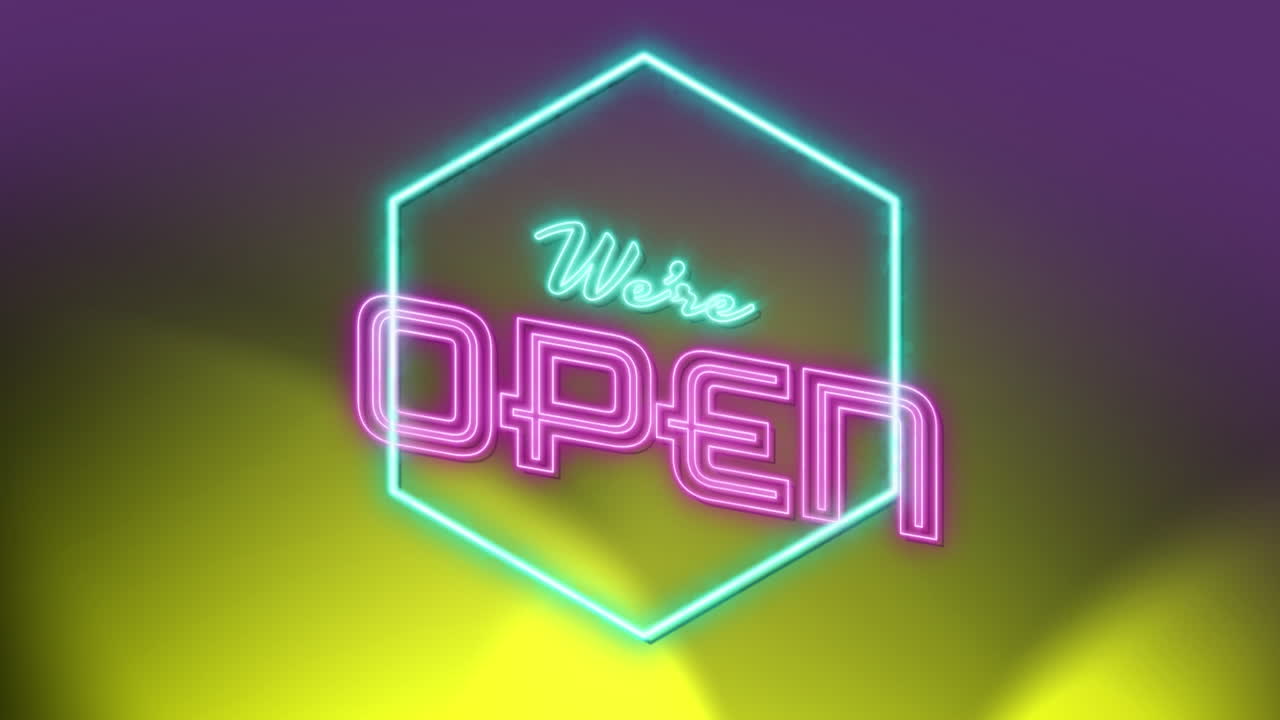 Animation of we are open text over neon shapes