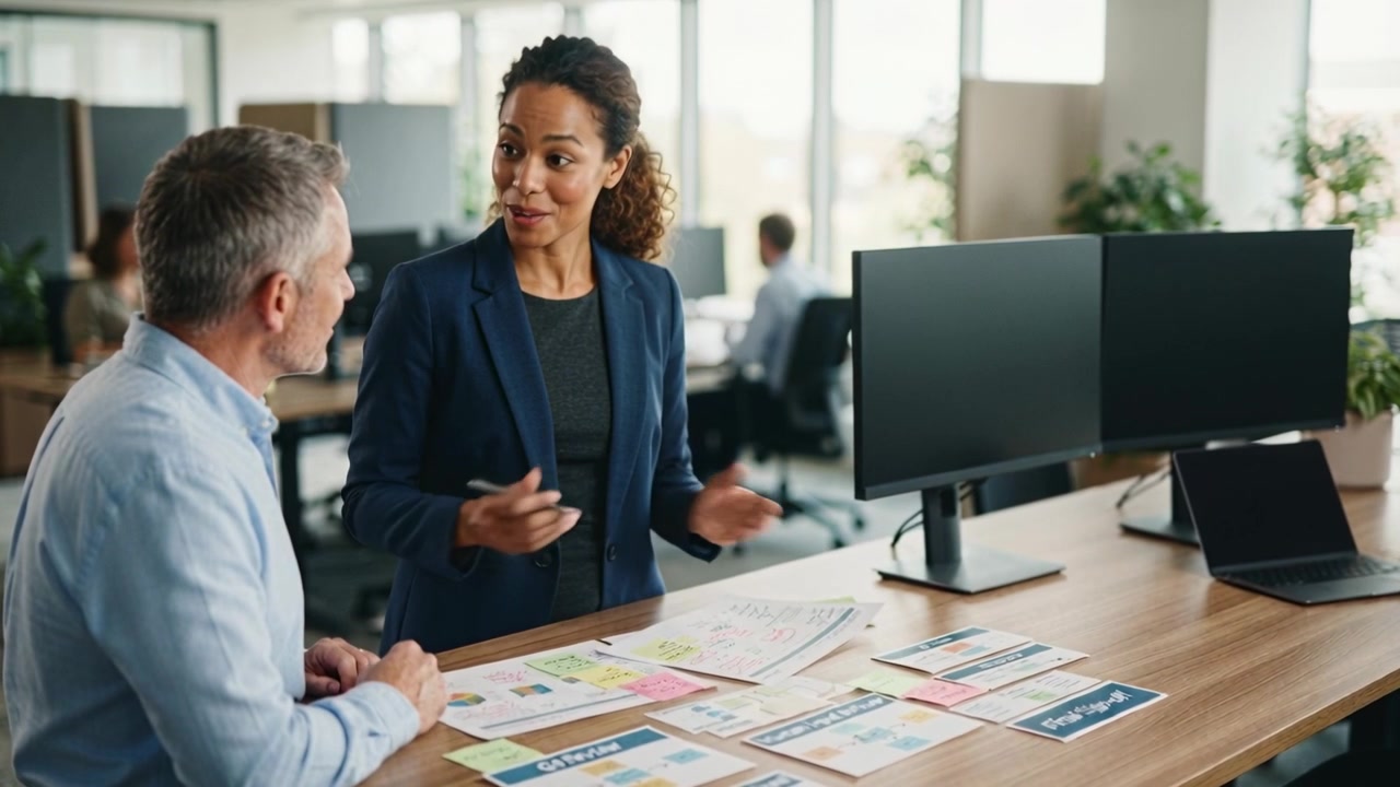 Leaning over desk, woman in navy blazer presenting mockups at office, planning next steps