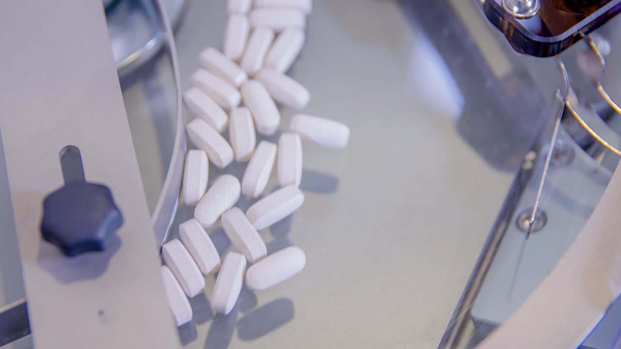 White pills spinning in a machine during its packaging process in the pharmaceutical lab