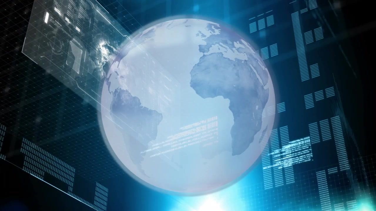 Animation of globe over data processing on black background