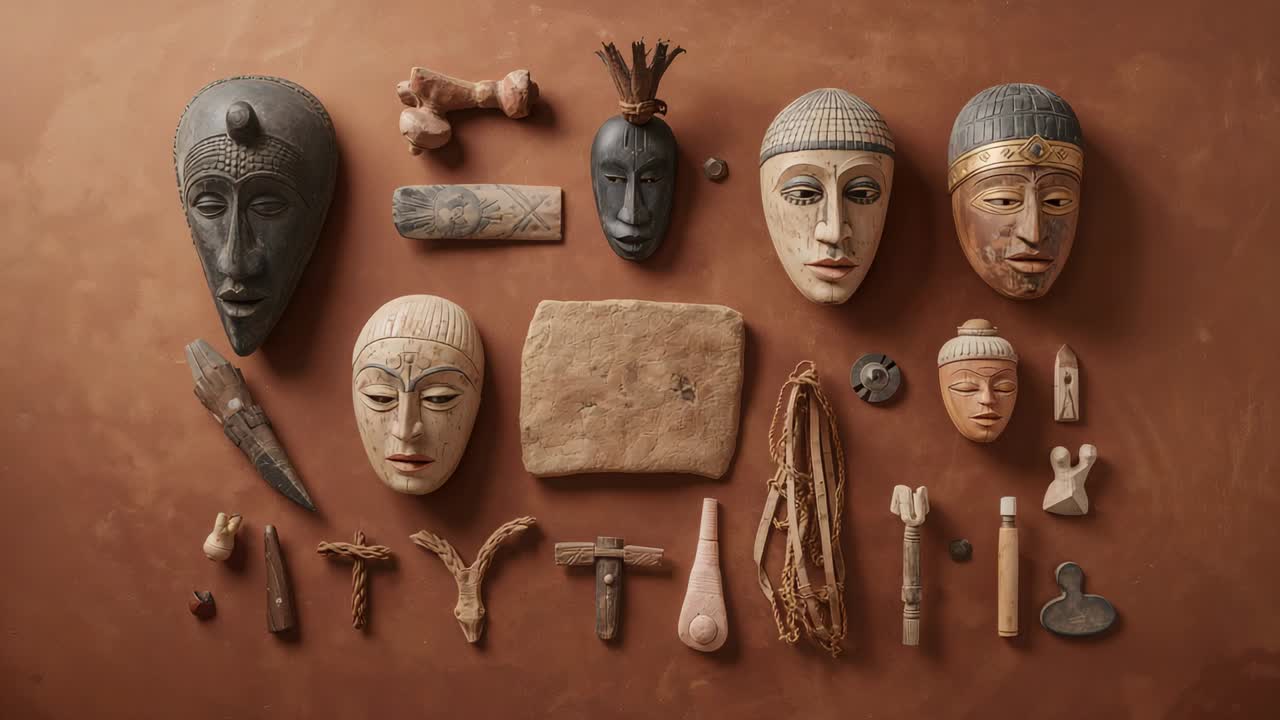Surveying overhead camera moving over 3 carved masks and clay tablet on mat, light showing details
